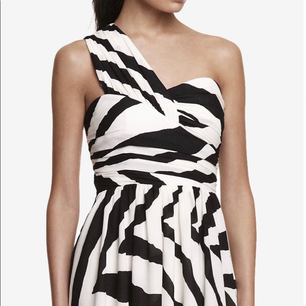 Black Zebra Print One Shoulder Ruched Dress
